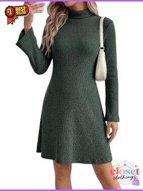 Midi Maternity Dress Rib Knit Mock Neck Bell Sleeve Fall Casual